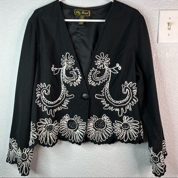 Vintage Marisol Womens Blazer Black White Floral Crop Length White Size L - Picture 2 of 11